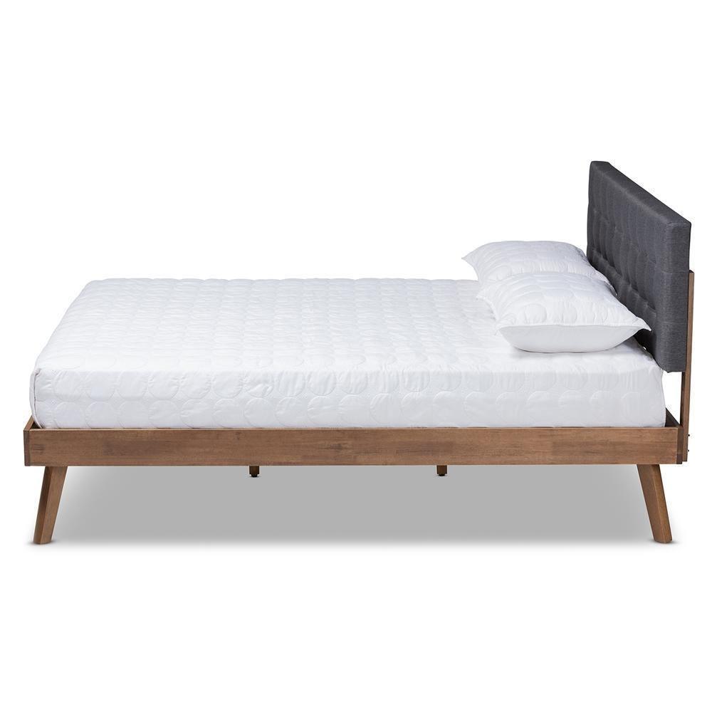 Devan Mid-Century Modern Dark Grey Fabric Upholstered Walnut Brown Finished Wood Queen Size Platform Bed FredCo