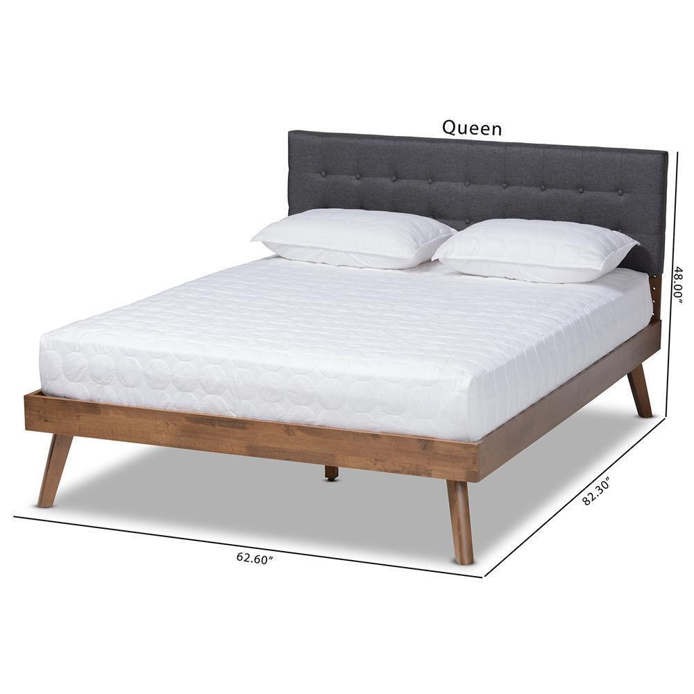 Devan Mid-Century Modern Dark Grey Fabric Upholstered Walnut Brown Finished Wood Queen Size Platform Bed FredCo