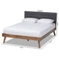 Devan Mid-Century Modern Dark Grey Fabric Upholstered Walnut Brown Finished Wood Queen Size Platform Bed FredCo