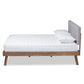 Devan Mid-Century Modern Light Grey Fabric Upholstered Walnut Brown Finished Wood King Size Platform Bed FredCo