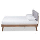 Devan Mid-Century Modern Light Grey Fabric Upholstered Walnut Brown Finished Wood Queen Size Platform Bed FredCo