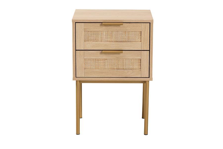 Dewitt Japandi Light Brown Finished Wood and Gold Metal 2-Drawer End Table FredCo