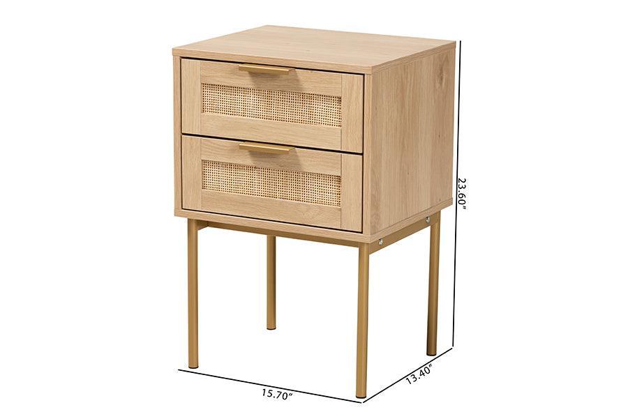 Dewitt Japandi Light Brown Finished Wood and Gold Metal 2-Drawer End Table FredCo
