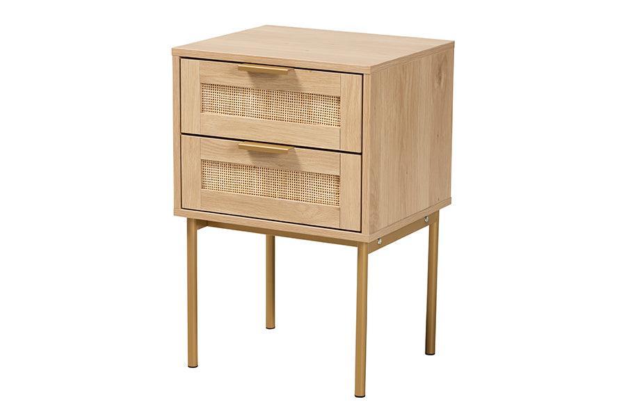 Dewitt Japandi Light Brown Finished Wood and Gold Metal 2-Drawer End Table FredCo