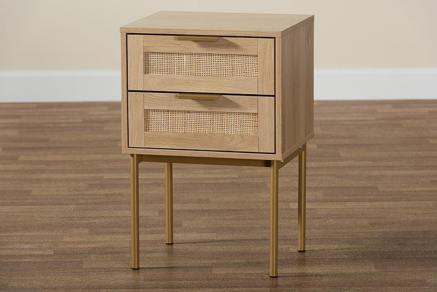 Dewitt Japandi Light Brown Finished Wood and Gold Metal 2-Drawer End Table FredCo