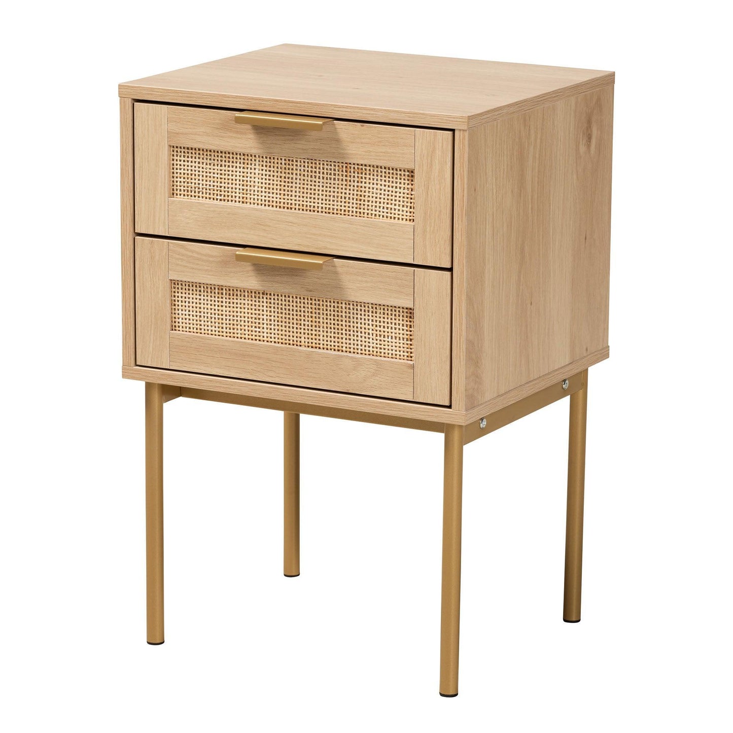 Dewitt Japandi Light Brown Finished Wood and Gold Metal 2-Drawer End Table FredCo