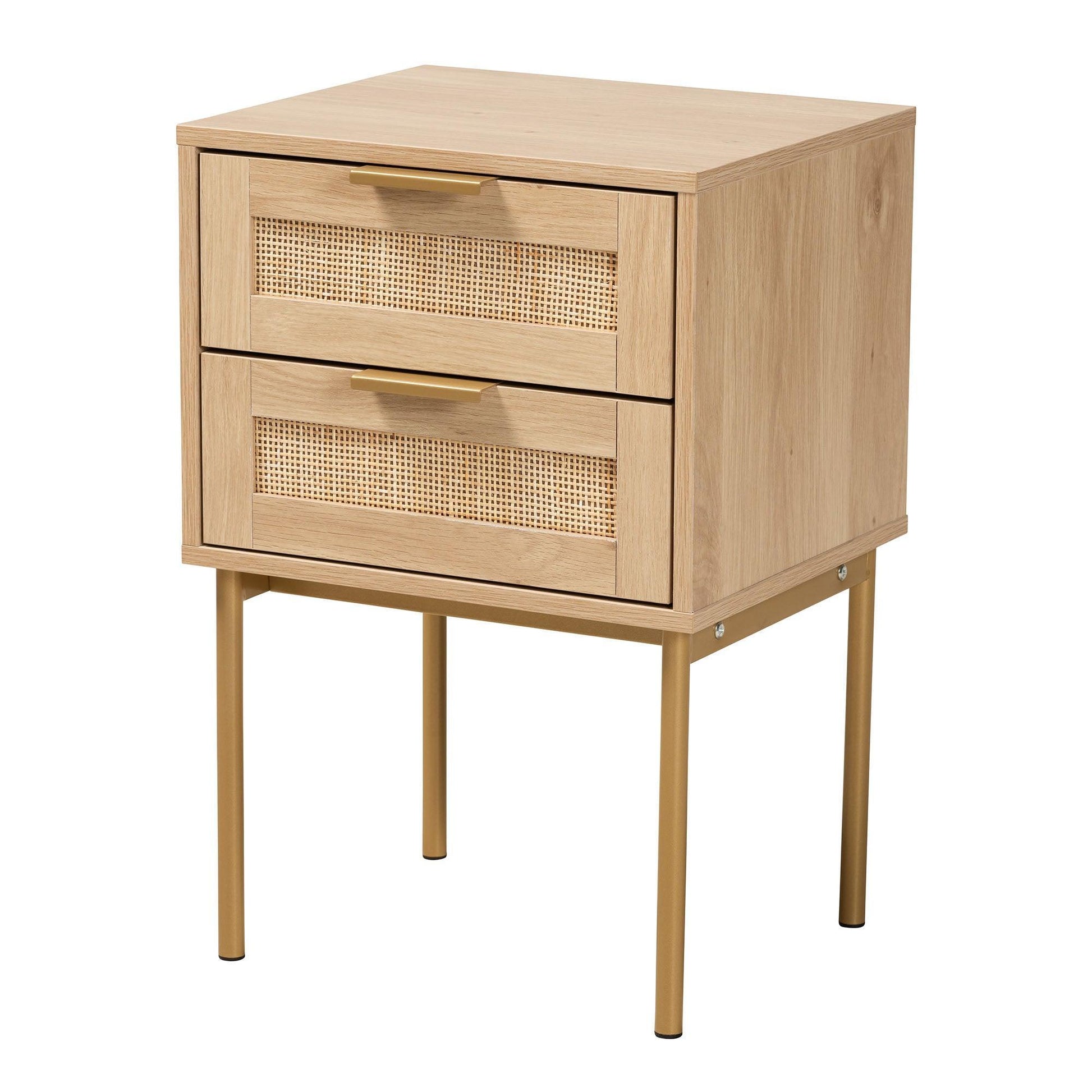 Dewitt Japandi Light Brown Finished Wood and Gold Metal 2-Drawer End Table FredCo