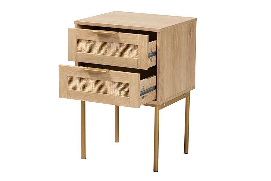 Dewitt Japandi Light Brown Finished Wood and Gold Metal 2-Drawer End Table FredCo