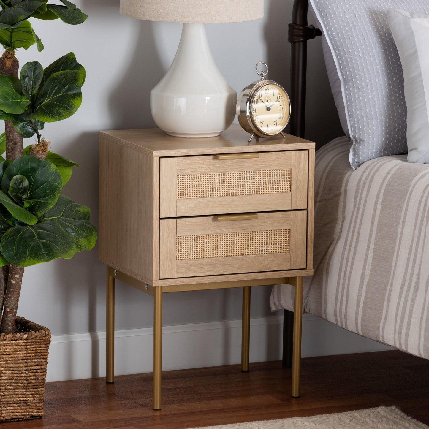 Dewitt Japandi Light Brown Finished Wood and Gold Metal 2-Drawer End Table FredCo