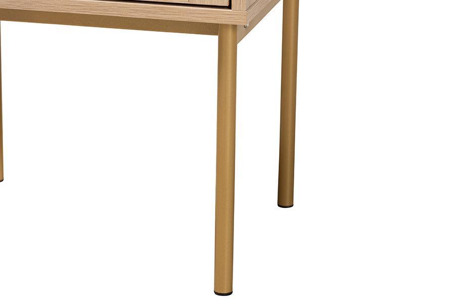 Dewitt Japandi Light Brown Finished Wood and Gold Metal 2-Drawer End Table FredCo