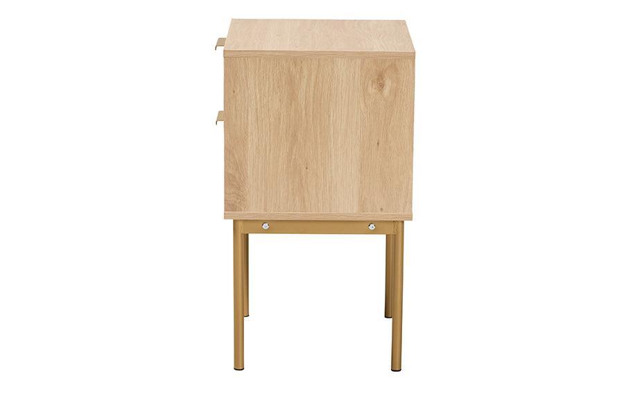 Dewitt Japandi Light Brown Finished Wood and Gold Metal 2-Drawer End Table FredCo
