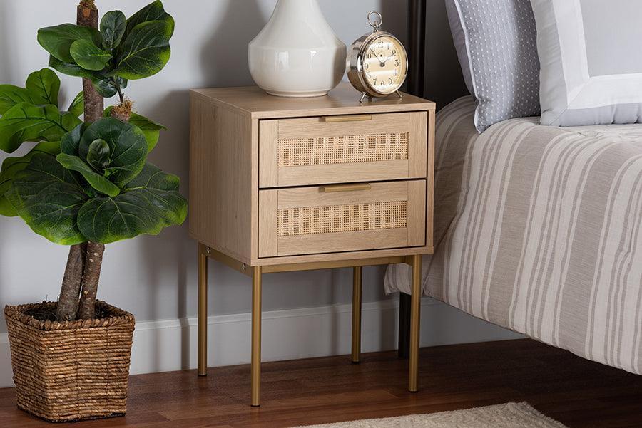 Dewitt Japandi Light Brown Finished Wood and Gold Metal 2-Drawer End Table FredCo