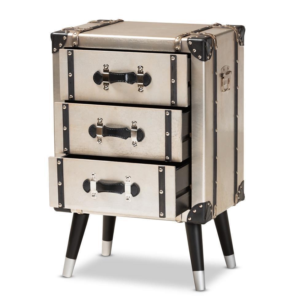 Dilan Vintage Industrial Antique Silver Finished Metal Trunk Inspired 3-Drawer Nightstand FredCo