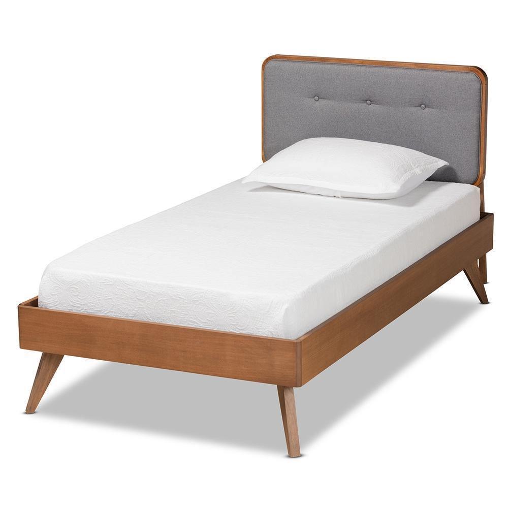 Dilara Mid-Century Modern Dark Grey Fabric Upholstered and Walnut Brown Finished Wood Twin Size Platform Bed FredCo