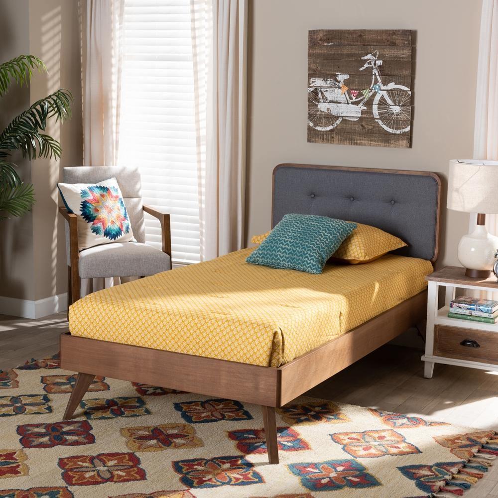 Dilara Mid-Century Modern Dark Grey Fabric Upholstered and Walnut Brown Finished Wood Twin Size Platform Bed FredCo
