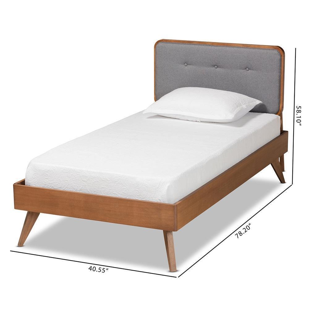 Dilara Mid-Century Modern Dark Grey Fabric Upholstered and Walnut Brown Finished Wood Twin Size Platform Bed FredCo
