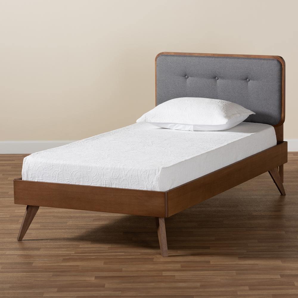 Dilara Mid-Century Modern Dark Grey Fabric Upholstered and Walnut Brown Finished Wood Twin Size Platform Bed FredCo