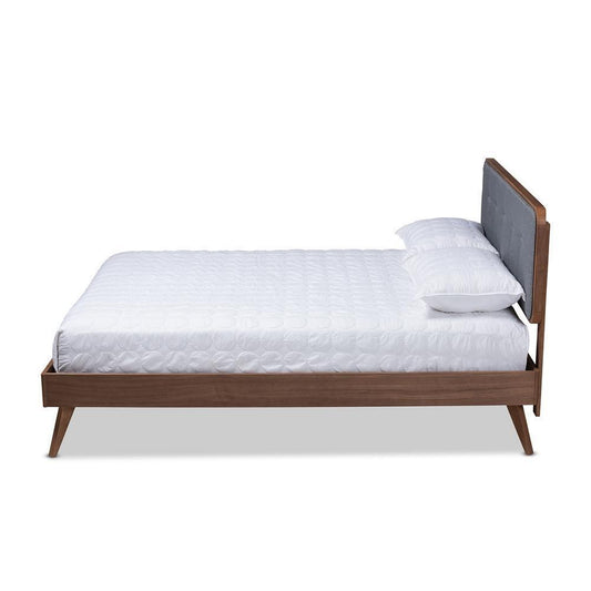 Dilara Mid-Century Modern Dark Grey Fabric Upholstered Walnut Brown Finished Wood Full Size Platform Bed FredCo