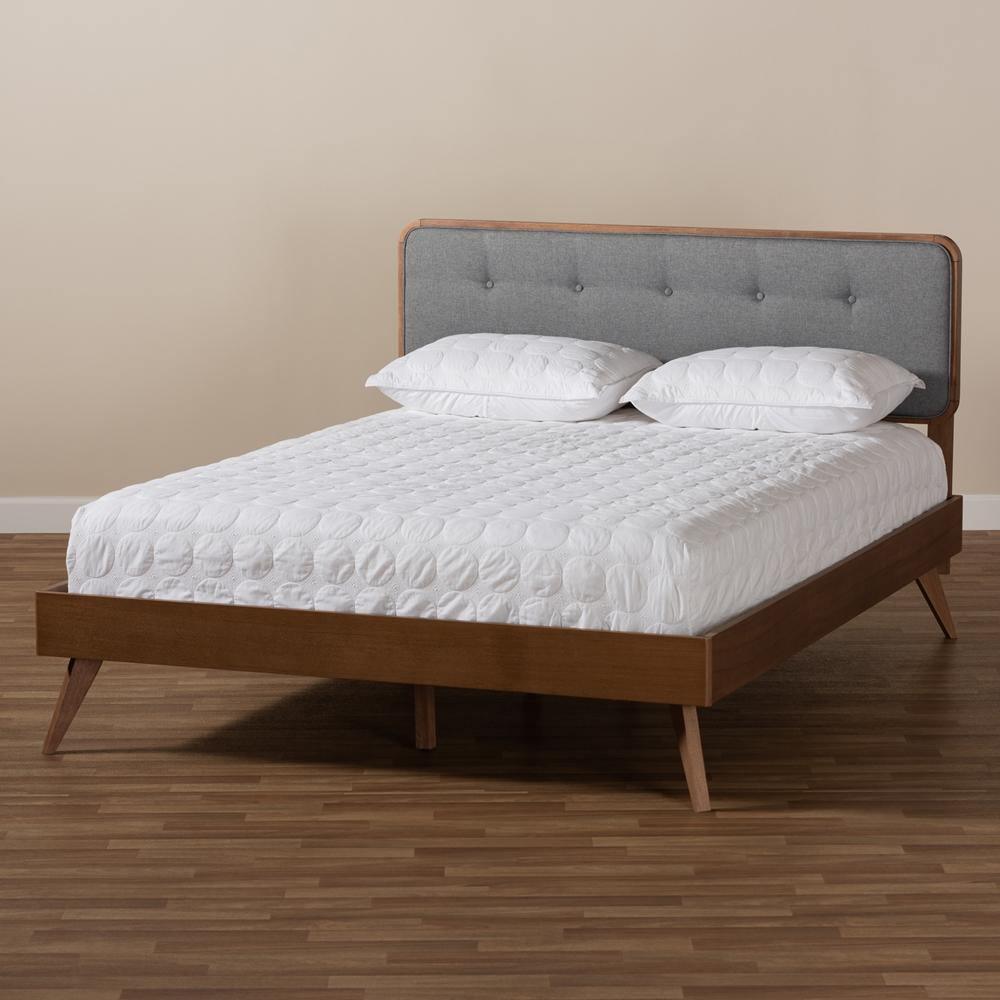 Dilara Mid-Century Modern Dark Grey Fabric Upholstered Walnut Brown Finished Wood King Size Platform Bed FredCo