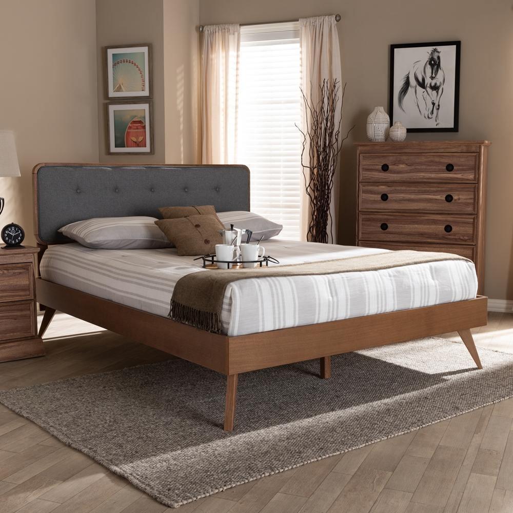 Dilara Mid-Century Modern Dark Grey Fabric Upholstered Walnut Brown Finished Wood King Size Platform Bed FredCo
