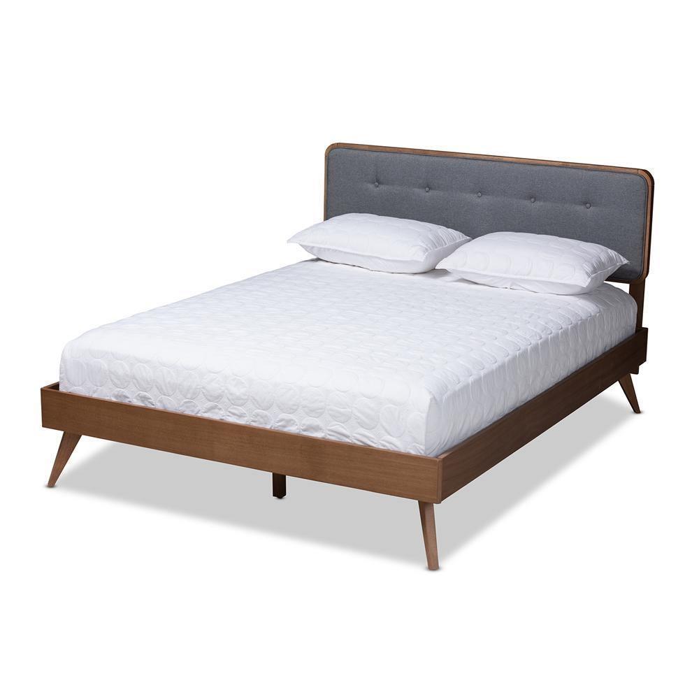 Dilara Mid-Century Modern Dark Grey Fabric Upholstered Walnut Brown Finished Wood King Size Platform Bed FredCo