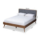 Dilara Mid-Century Modern Dark Grey Fabric Upholstered Walnut Brown Finished Wood King Size Platform Bed FredCo
