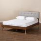 Dilara Mid-Century Modern Light Grey Fabric Upholstered Walnut Brown Finished Wood Queen Size Platform Bed FredCo