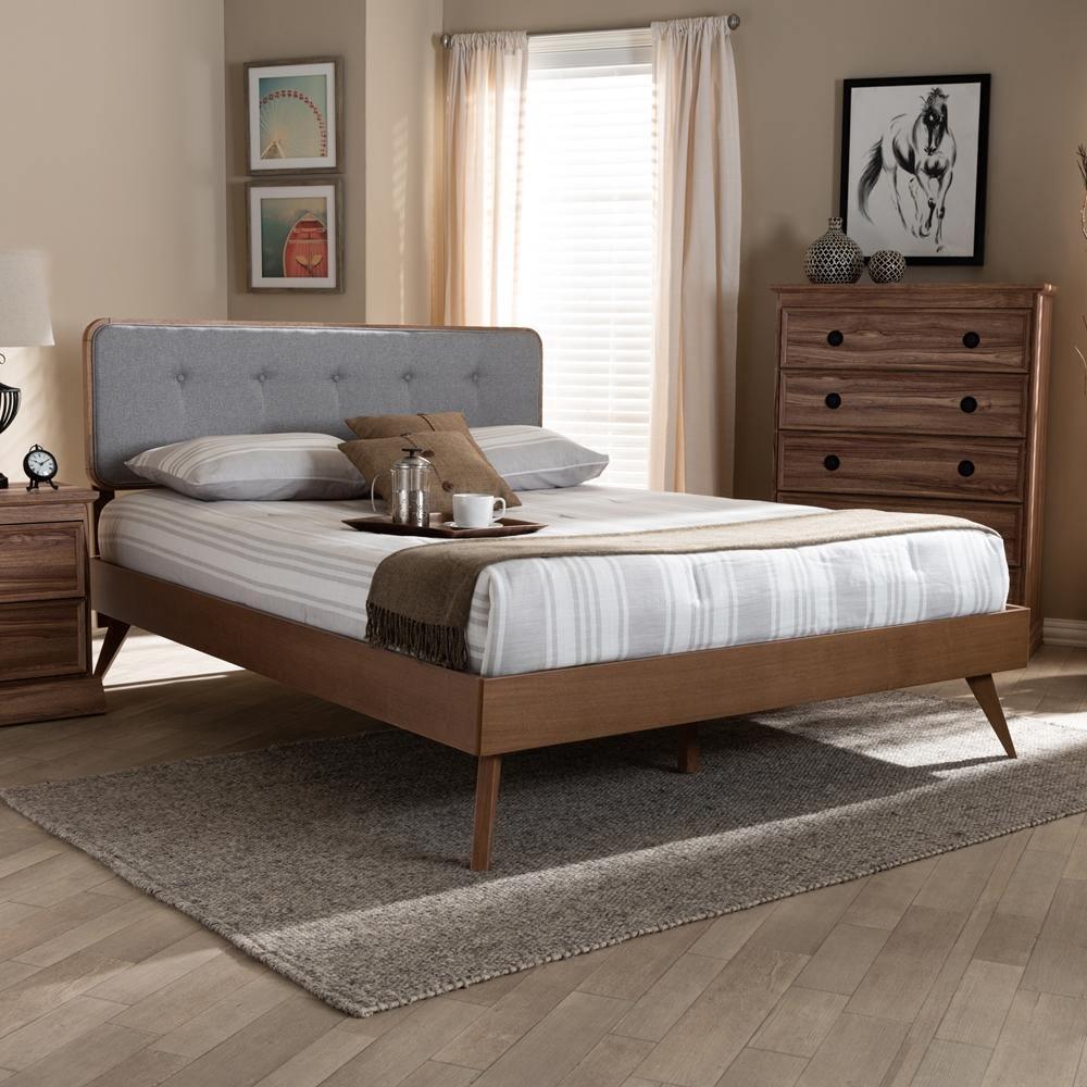 Dilara Mid-Century Modern Light Grey Fabric Upholstered Walnut Brown Finished Wood Queen Size Platform Bed FredCo