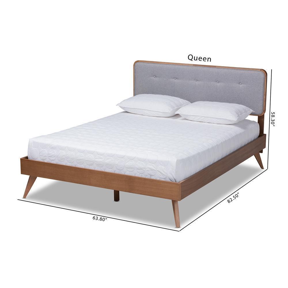 Dilara Mid-Century Modern Light Grey Fabric Upholstered Walnut Brown Finished Wood Queen Size Platform Bed FredCo
