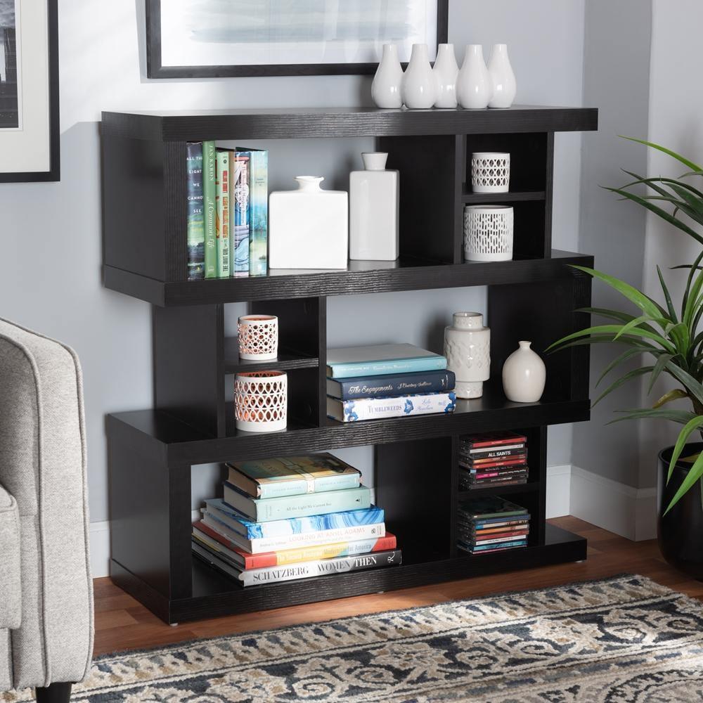Dora Modern and Contemporary Dark Brown Finished Wood 3-Tier Geometric Bookshelf FredCo