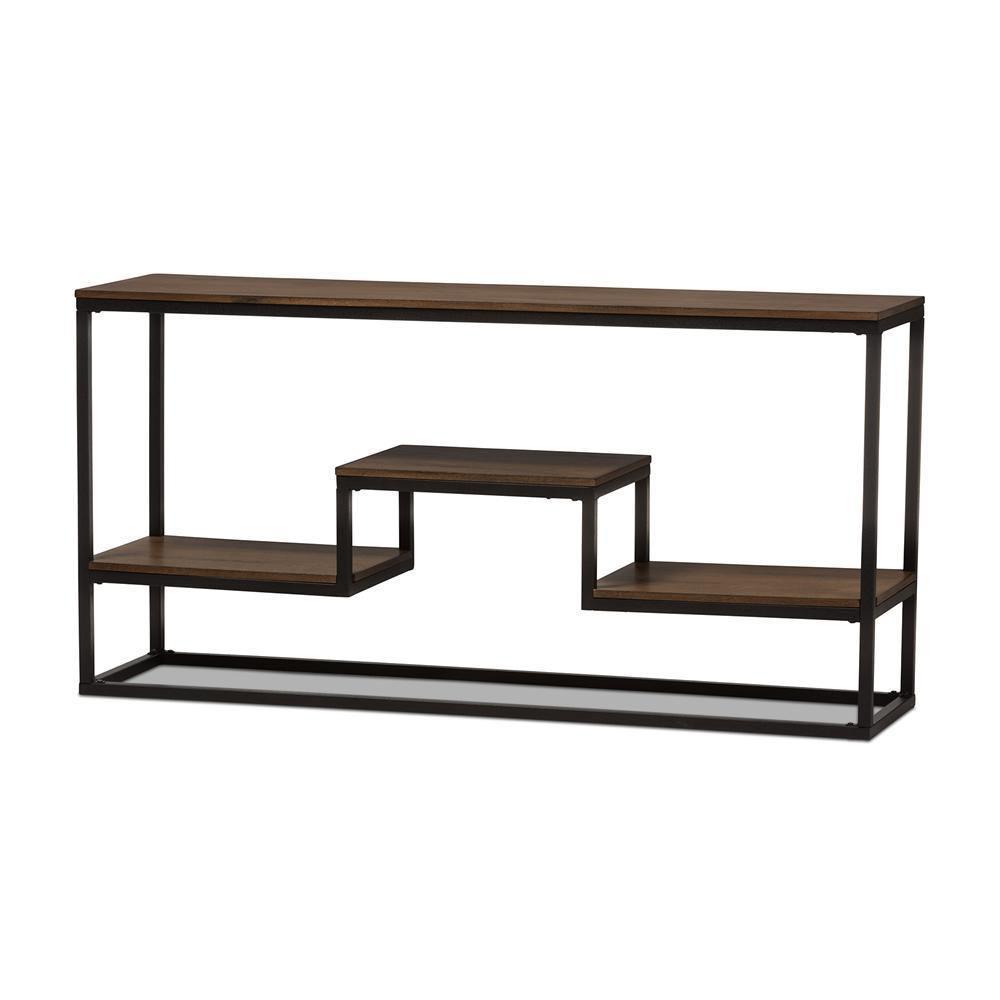 Doreen Rustic Industrial Style Antique Black Textured Finished Metal Distressed Wood Console Table FredCo
