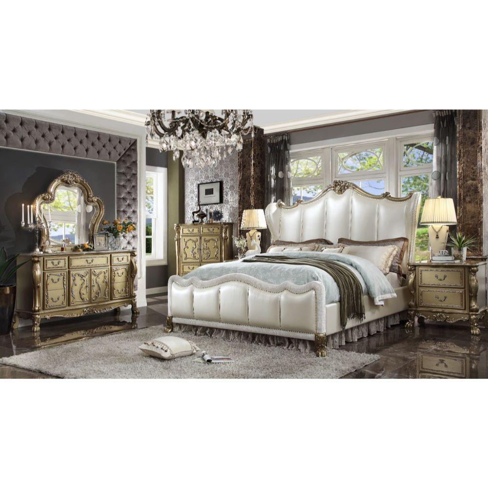 Dresden II Queen Bed Pearl White PU & Gold Patina FredCo