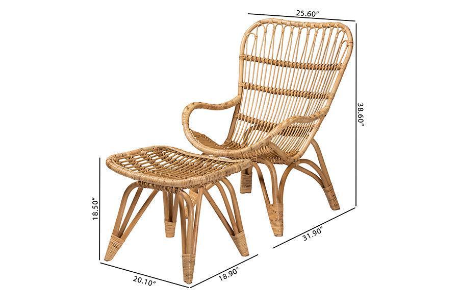 Earvin Modern Bohemian Natural Brown Rattan 2-Piece Armchair and Footstool Set FredCo