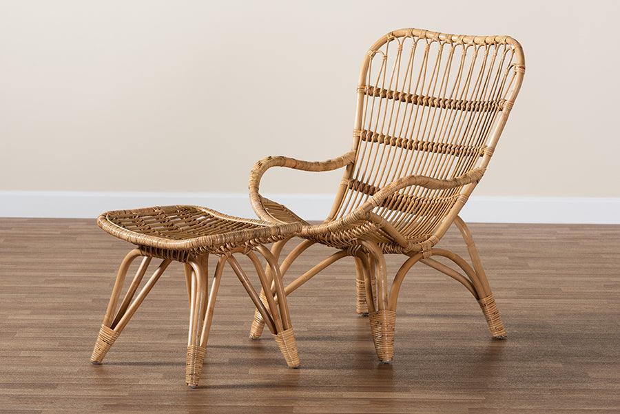 Earvin Modern Bohemian Natural Brown Rattan 2-Piece Armchair and Footstool Set FredCo