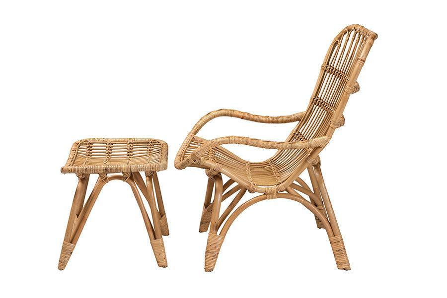 Earvin Modern Bohemian Natural Brown Rattan 2-Piece Armchair and Footstool Set FredCo