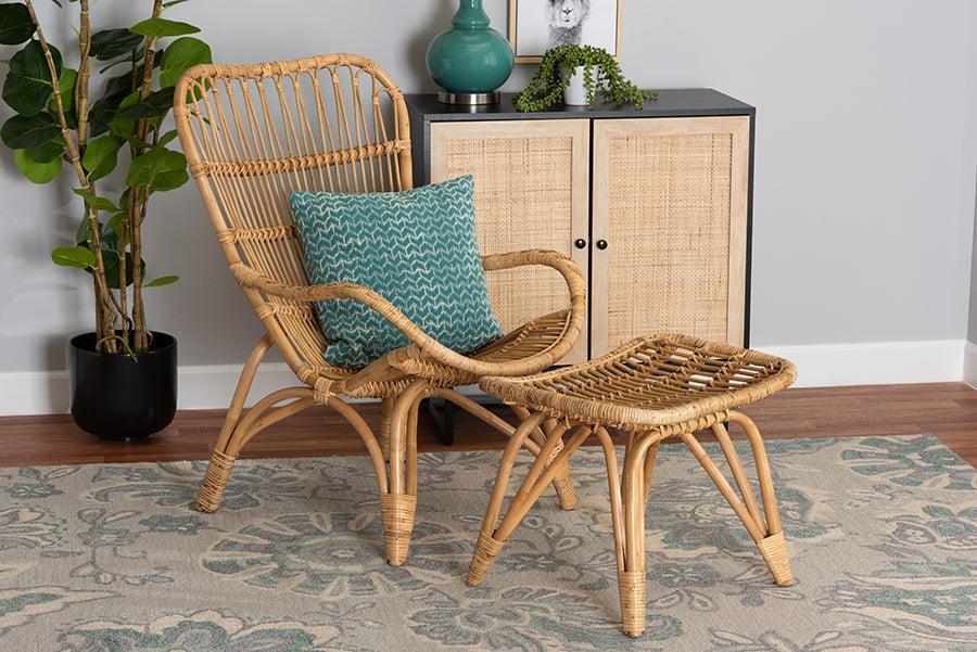 Earvin Modern Bohemian Natural Brown Rattan 2-Piece Armchair and Footstool Set FredCo