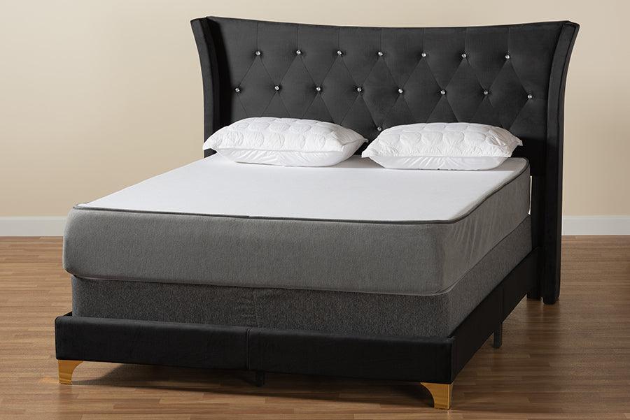 Easton Contemporary Glam and Luxe Black Velvet and Gold Metal Queen Size Panel Bed FredCo