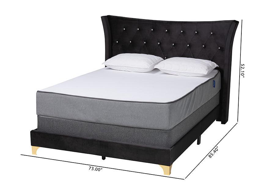 Easton Contemporary Glam and Luxe Black Velvet and Gold Metal Queen Size Panel Bed FredCo