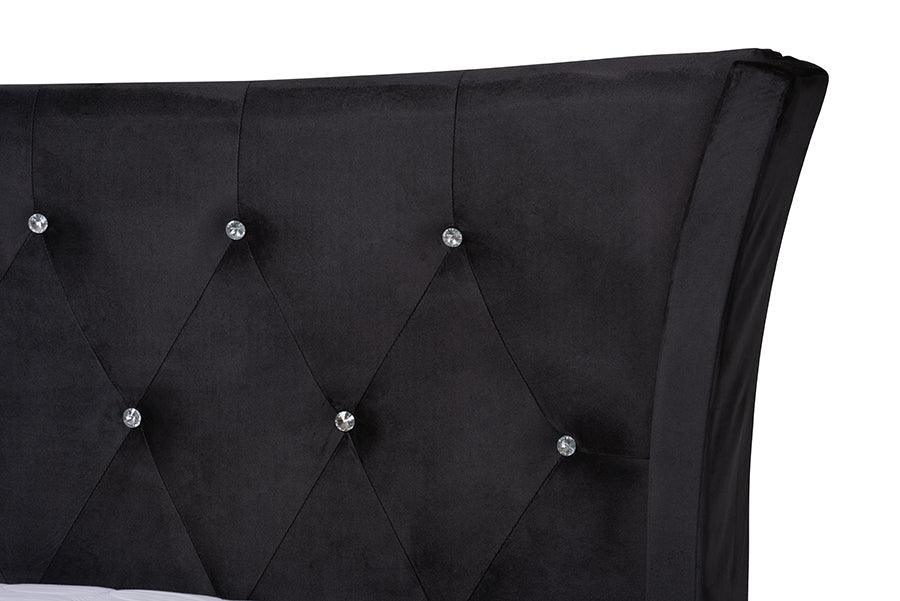 Easton Contemporary Glam and Luxe Black Velvet and Gold Metal Queen Size Panel Bed FredCo