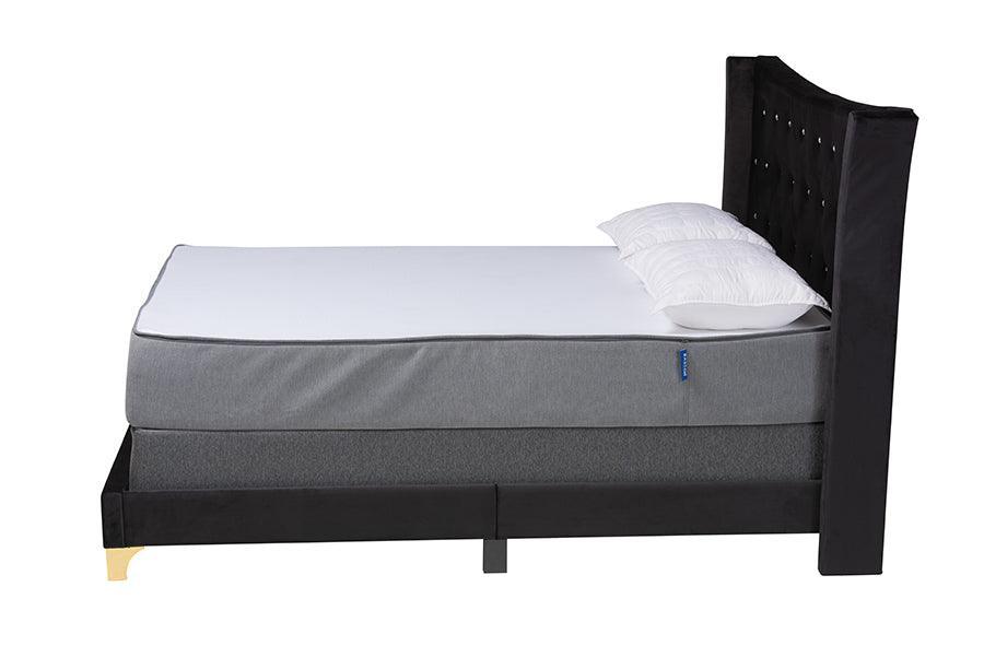 Easton Contemporary Glam and Luxe Black Velvet and Gold Metal Queen Size Panel Bed FredCo