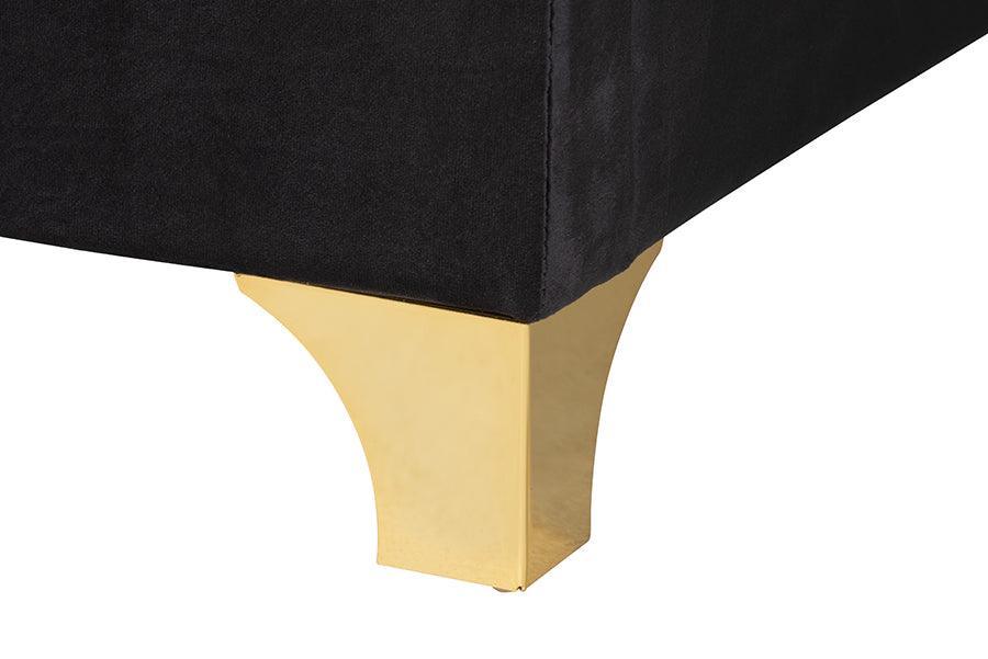 Easton Contemporary Glam and Luxe Black Velvet and Gold Metal Queen Size Panel Bed FredCo
