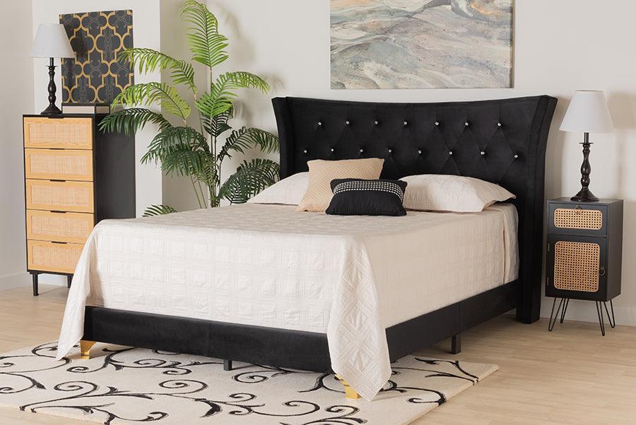 Easton Contemporary Glam and Luxe Black Velvet and Gold Metal Queen Size Panel Bed FredCo