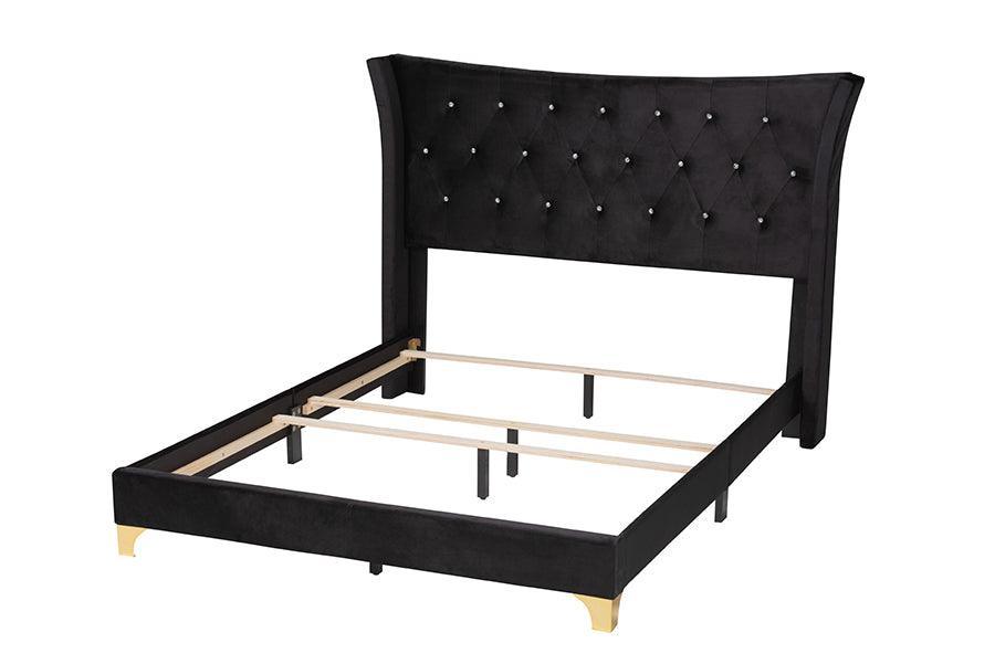 Easton Contemporary Glam and Luxe Black Velvet and Gold Metal Queen Size Panel Bed FredCo