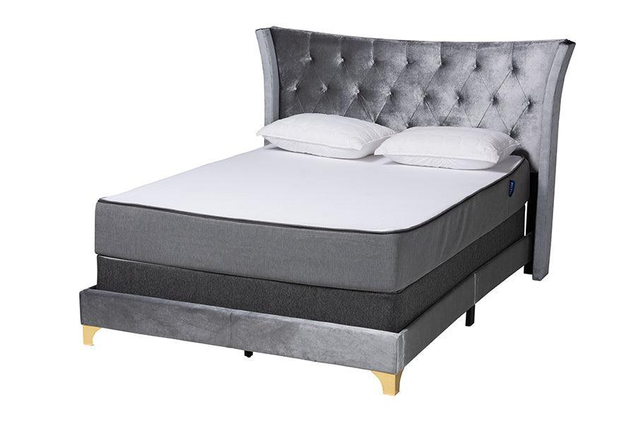Easton Contemporary Glam and Luxe Grey Velvet and Gold Metal Queen Size Panel Bed FredCo