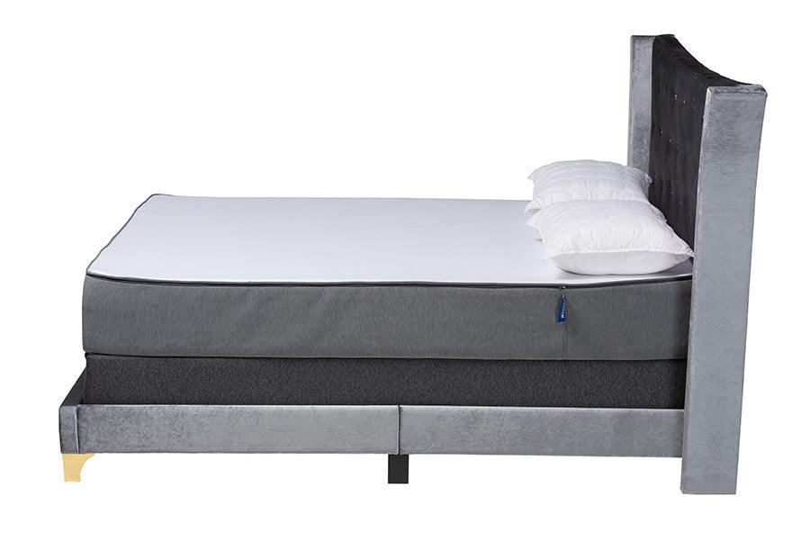 Easton Contemporary Glam and Luxe Grey Velvet and Gold Metal Queen Size Panel Bed FredCo