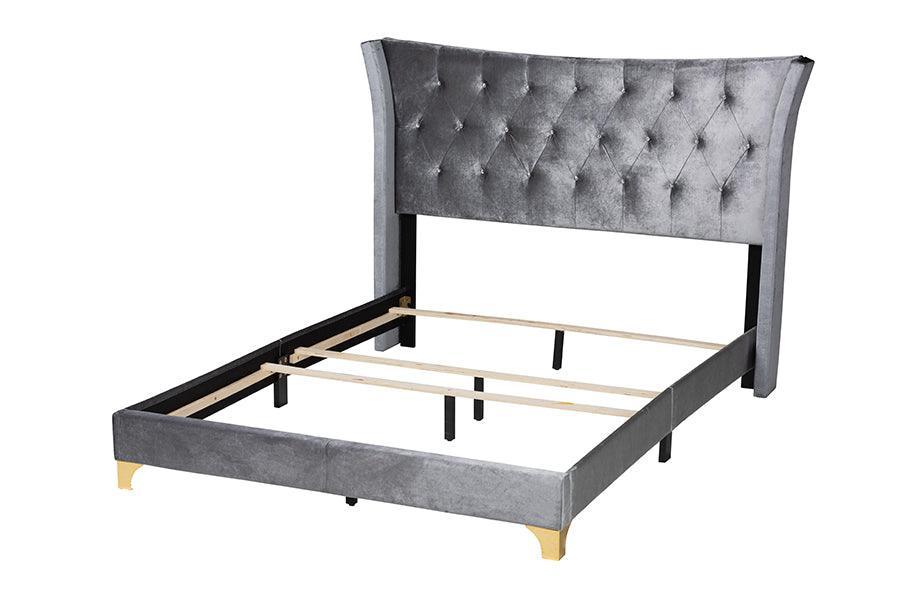 Easton Contemporary Glam and Luxe Grey Velvet and Gold Metal Queen Size Panel Bed FredCo