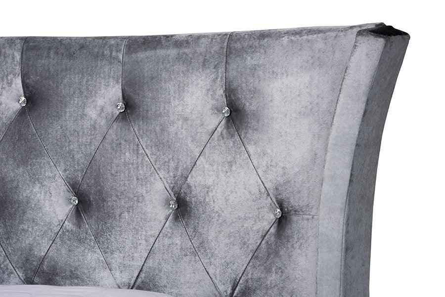 Easton Contemporary Glam and Luxe Grey Velvet and Gold Metal Queen Size Panel Bed FredCo