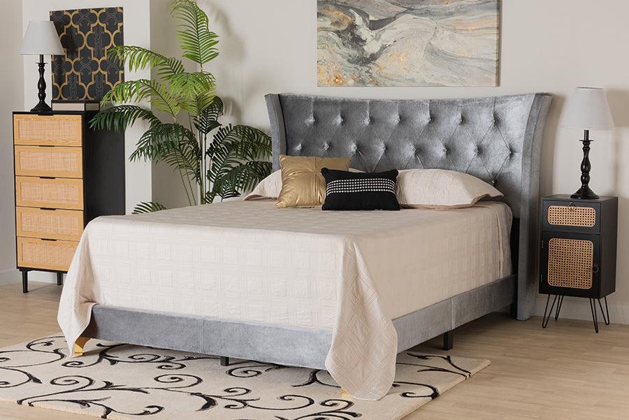 Easton Contemporary Glam and Luxe Grey Velvet and Gold Metal Queen Size Panel Bed FredCo