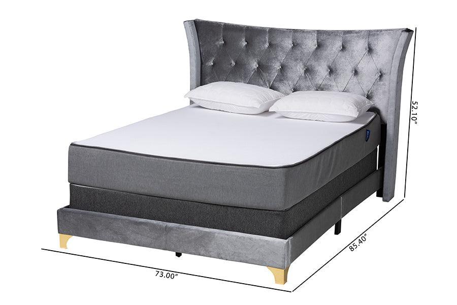 Easton Contemporary Glam and Luxe Grey Velvet and Gold Metal Queen Size Panel Bed FredCo