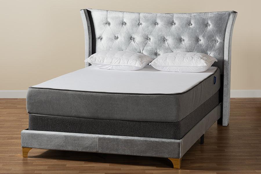 Easton Contemporary Glam and Luxe Grey Velvet and Gold Metal Queen Size Panel Bed FredCo